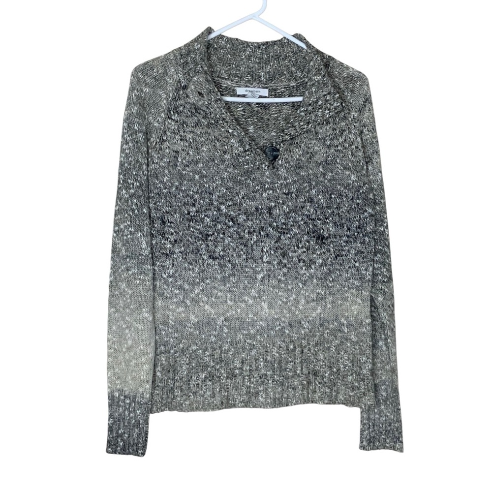 Dress Barn V-Neck Sweater in Gray Tones. Buttoned up neckline. Size M